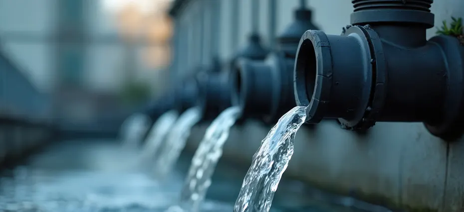 Infraestrutura de saneamento em São Paulo com água fluindo por tubos de PVC, destacando a importância do saneamento para a saúde pública e o meio ambiente na cidade.