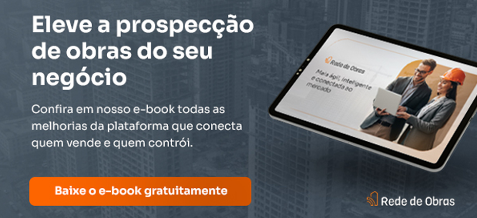 Banner com a capa do e-book sobre as novas funcionalidades da Rede de Obras. A imagem também tem um botão que leva para o download do material.